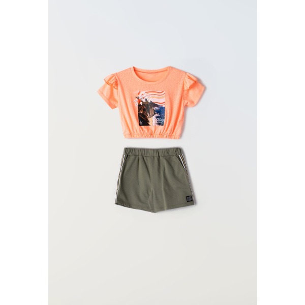 Σετ Μακό Χακί Με Αμάνικη Crop Top Κοραλί Μπλούζα "Endless Summer" 242101 - Ebita