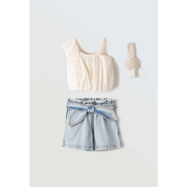 Σετ Τζιν Σορτσάκι Με Crop Top Μπλούζα Εκρού 254215 - Ebita