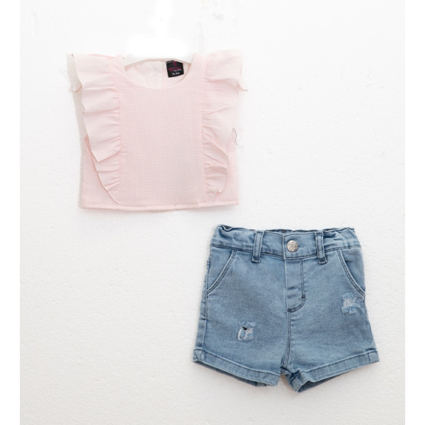 Σετ Τζιν Σορτσάκι Με Ροζ Μπλούζα Crop Top 25-10116 - Restart